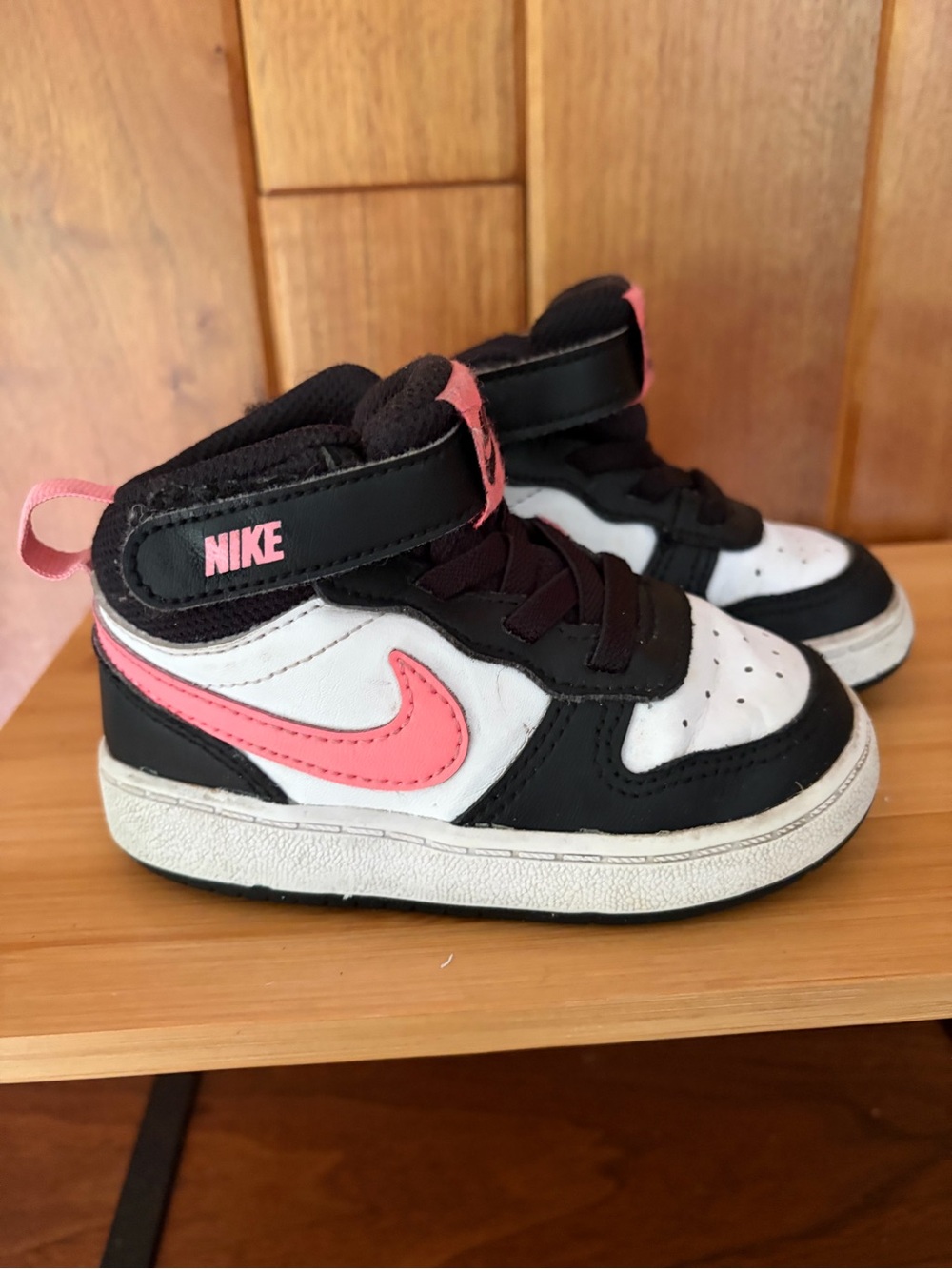 Nike Kids Sz 6C Black White Pink Mid-Top Sneakers. Velcro Straps. Baby Girl.
